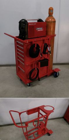 two pictures of a red cart with tools on it