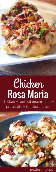 chicken, rosa marina with mushrooms and broccoli is shown on a plate