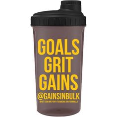 a black and yellow sports bottle with the words goals grit gains on it's side