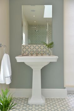 a white pedestal sink sitting under a bathroom mirror next to a green potted plant