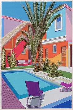 a painting of a palm tree next to a swimming pool in front of a house