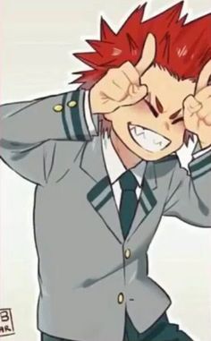 an anime character with red hair wearing a gray jacket and green pants, holding his hands up to his ears