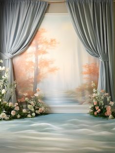 an artistic scene with flowers and curtains