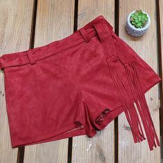 Nwot Faux Suede Belt Loops Belt With Fringe At Ends Side Zipper Hook And Eye Closure Beautiful Rusty Red Color Fully Lined Size 30 Made In China Wash Cold Gentle Cycle With Like Color No Fabric Softener Measurements Taken Laying Flat Waist 15.5" Across Inseam 2" Rise 12" Leg Opening 13.5" Date Night Fall Shorts, Red Forever 21 Bottoms For Summer, Forever 21 Red Summer Bottoms, Red Forever 21 Summer Bottoms, Red High-waisted Shorts For Night Out, High Waist Red Shorts For Fall, Trendy Red Shorts For Night Out, Trendy Burgundy Bottoms For Summer, Burgundy Bottoms For Summer Party