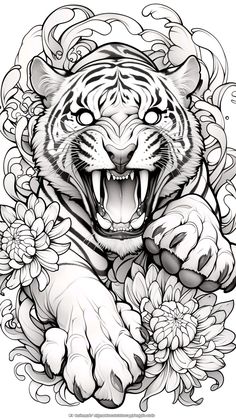 a tiger with its mouth open and flowers around it