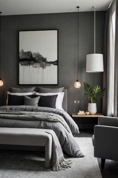 a bedroom with gray walls and grey bedding