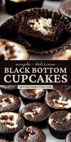 black bottom cupcakes with white frosting and chocolate swirl on top are shown