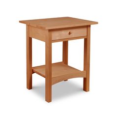 a small wooden table with one drawer on the bottom and two shelves below it, against a white background