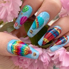 Manifest nail’s Instagram post: “Full of hot air 💨 🎈 🌈  . . . . . . . . #hotairballoon #hotairballoons #hotairballoonnails #hotairballoonsnails #notd #handpainted #nycnails…” Hot Air Balloon Nail Designs, Hot Air Balloon Nail Art, Hot Air Balloon Nails, Balloon Nails, Nyc Nails, Balloon Design, Hot Air Balloons, Air Balloons