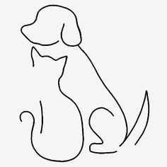 a black and white drawing of a dog and cat sitting side by side on a white background