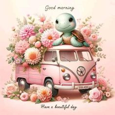 a turtle is sitting on top of a pink van with flowers and daisies around it