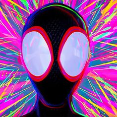 a spider man with bright lights on his face and eyes in front of a colorful background