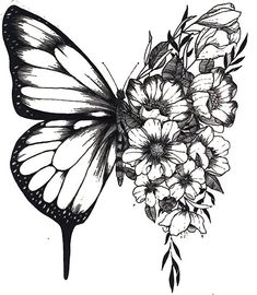 a black and white drawing of a butterfly with flowers on it's back wing