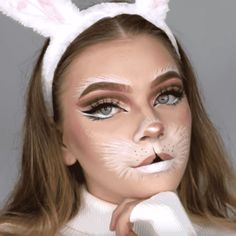 Diy Rabbit Ears Costume, White Rabbit Face Makeup, Bunny Rabbit Makeup, Bugs Bunny Makeup, Rabbit Face Makeup, Rabbit Costume Makeup, Diy Bunny Costume Women, Rabbit Makeup Halloween, Bunny Costume Makeup