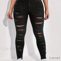 Lasaky - Womens Plus Size Street Style Jeans: Solid Ripped Raw Trim, Button Fly, Mid Rise, High Stretch Skinny Jeans Street Style Jeans, Plus Size Street Style, Jeans Street Style, Jeans Fabric, Style Jeans, Women Denim Jeans, Plus Size Jeans, Street Styles, Plus Clothing