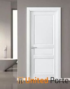 an open white door in a bathroom next to a sink and bathtub with the words united portal on it