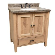 a wooden sink cabinet with two drawers and a marble top on an isolated white background