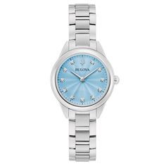 This sophisticated women's watch from the Classic collection by Bulova pairs well with every style that you have in your closet. 28mm stainless steel case Blue dial Luminescent hands Diamond indexes Quartz movement The stainless steel bracelet secures with a push-button deployment clasp Water-resistant Round Watch Accessories With Polished Finish, Blue Watch Accessories With Metal Dial, Polished Anniversary Jewelry And Watches, Timeless Stainless Steel Jewelry And Watches, Fork Logo, Slim Hands, Classic Watch Women, Tuning Fork, Bulova Watches