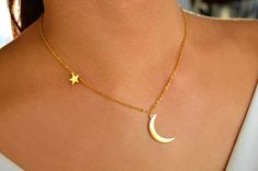 Chain is adjustable. Dainty Star-shaped Jewelry With Moon Charm, Minimalist Moon-shaped Jewelry With Star Charm, Dainty Crescent Jewelry With Star Charm, Dainty Crescent-shaped Jewelry With Star Charm, Lunar Jewelry, Gold Star Necklace, Moon And Star Necklace, Black Leather Choker, Simple Choker