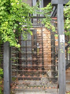 an iron gate with vines growing over it