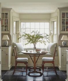 a table with two chairs and a potted plant on it in front of a window