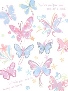 a bunch of colorful butterflies on a white background