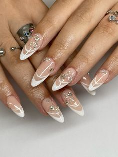 nyalphie on ig   ongles french fleurs et branche strass mariage White French, Flower Nails, Instagram Profile, Flowers, On Instagram, White