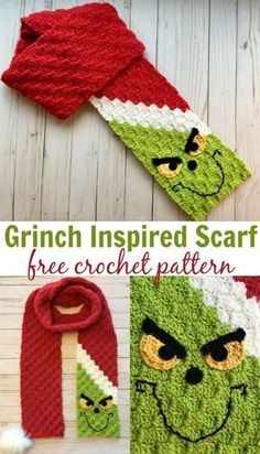 crocheted grin face scarf and hat with text that reads, grin inspired scarf free crochet pattern