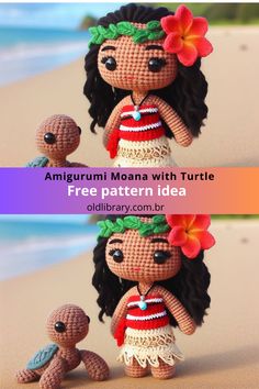 amigurmi doll with turtle on the beach and text overlay that says free pattern idea