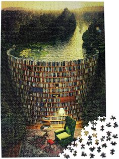 an image of a giant book tower made out of books and pieces of jigsaw puzzle