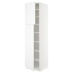 a tall white cabinet with doors and shelves