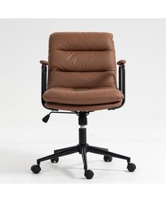 a brown leather office chair with wheels