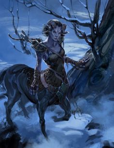 a woman riding on the back of a horse through a snow covered forest at night