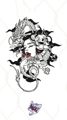 a drawing of a woman with a dragon tattoo on her shoulder and the head of a dragon