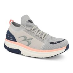 a women's gray and blue running shoe