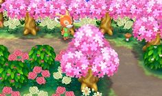 the animal crossing game has pink flowers and trees