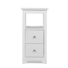 a white cabinet with two drawers on top and one drawer open to show the bottom