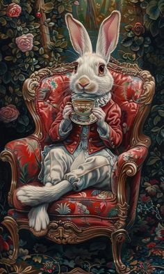 a painting of a white rabbit sitting on top of a red chair in front of flowers