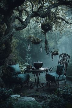 a table and chairs in the middle of a forest