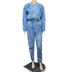 80S Denim Jumpsuit Distressed Fringe Grunge Patched High Waisted IN-TICE-MENT | eBay 80s Denim, Denim Jumpsuit, Dandy, Elastic Waist, Jumpsuit, High Waisted, Elastic, Clothes For Women, Clothes