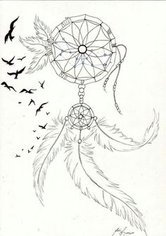 a drawing of a dream catcher with birds flying around