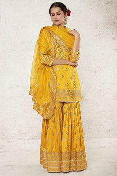 Gopi Vaid-Twisha Mustard Gharara Set-INDIASPOPUP.COM Blouse Yoke, Sharara Pants, Indian Arts And Crafts, Celebrity Closet, Personal Shopping Service, Sharara Set, Organza Dupatta, Silk Dupatta, Fine Fabric