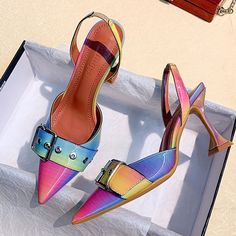 Big Size 35-42 Rainbow Colorful Patent Leather Women Sandals Elegant Pointed Toe Buckle High Heels Wedding Shoes Slingback Pumps Summer Closed Toe Slingback Pumps With Buckle Closure, Spring Party Slingback Pumps With Buckle Closure, Summer Pink Slingback Pumps With Pointed Toe, Summer Heels With Buckle Closure And Pointed Toe, Pink Pointed Toe Slingback Pumps For Summer, Closed Toe Slingback Sandals With Buckle For Party, Multicolor Ankle Strap Heels With Buckle Closure, Multicolor Buckle Closure Heels For Summer, Multicolor Summer Heels With Buckle Closure