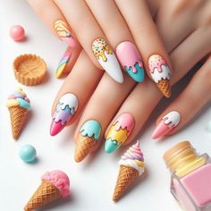 7:48pm Ice Cream Nails Designs, Nail Art Ice Cream, Nails Ice Cream, Dessert Nails, Ice Cream Nail Art, Vibrant Summer Nails, Aesthetic Nail Art, Coquette Nail