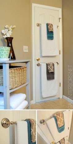 two towels are hanging on the door and in front of it is a basket with flowers