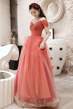 Charming Watermelon Sweetheart Beaded Tulle Princess Gown, Tulle Princess Gown Prom, Tulle Long Prom Dress, Princess Prom Dresses, Beaded Tulle, Princess Gown, University Life, Gown Prom, Character Ideas, Long Prom Dress