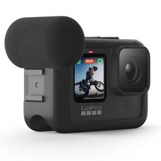 the gopro camera is attached to an external microphone for recording video or other things