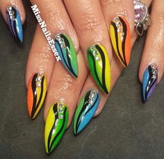 Nemanja 80 Disco, Leo Nails, 80s Nails, Bright Summer Acrylic Nails, Tape Nail Art, Rainbow Nails Design, Neon Nail Art