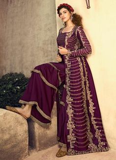 Dark Green And Red Embroidered Peplum Style Gharara Suit - Hatkay – Hatkay.com