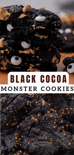 black cocoa monster cookies with googly eyes and orange sprinkles on top